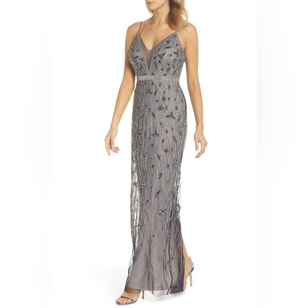 NWT Adrianna Papell Spaghetti Strap Long Formal Mesh Dress